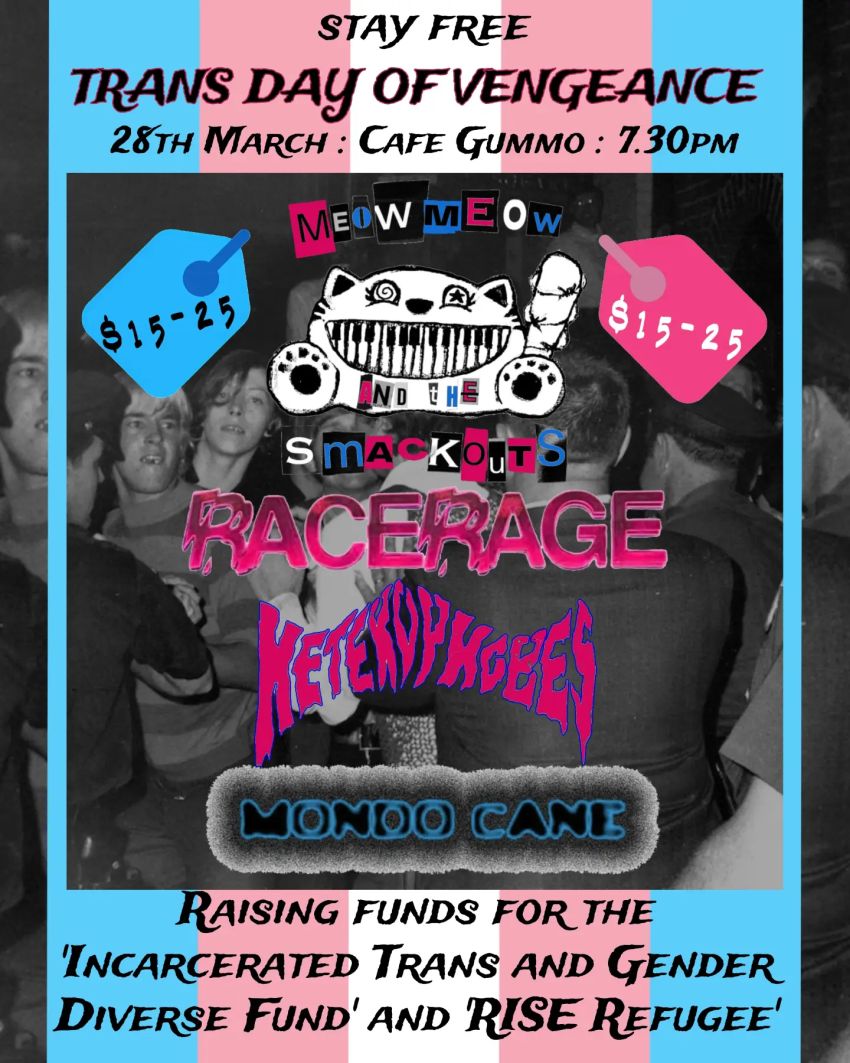 Artwork and poster for event Trans Day of Vengeance 2026, 7:30pm-11:55pm 28/09/2026, Cafe Gummo, 711 High St, Thornbury VIC 3071