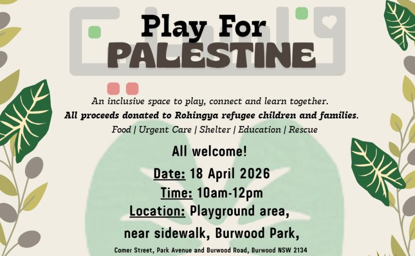 Artwork and graphic for event Play For Palestine, 10am-12pm 18/04/2026 Burwood Park, Burwood NSW 2134
