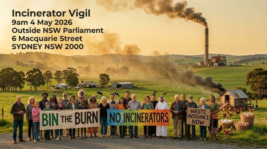 Artwork and graphic for event Bin the Burn – No Incinerators, 9am 04/05/2026 NSW Parliament House, 6 Macquarie St, Sydney NSW 2000