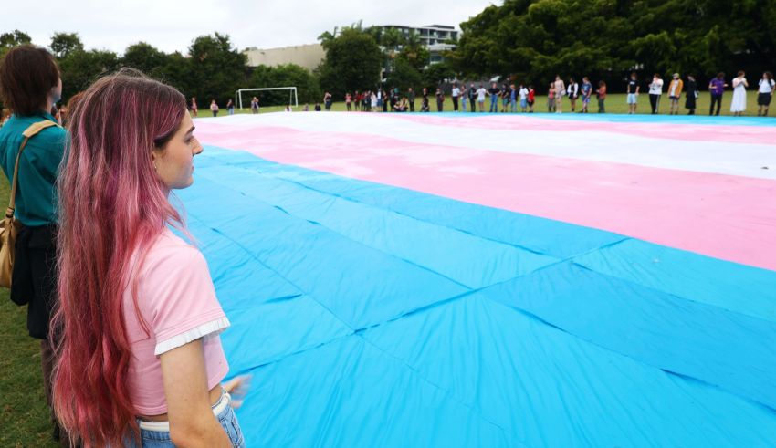 A giant 20x40m trans flag was unveiled in Magan-djin/Brisbane for the Trans Day of Visibility