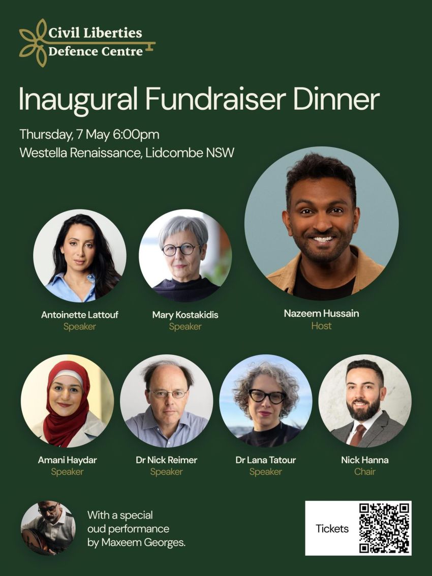 Artwork and poster for event Civil Liberties Defence Centre – Inaugural Fundraiser Dinner, 6pm 07/05/2026 Westella Renaissance, 3 New St E, Lidcombe NSW 2141