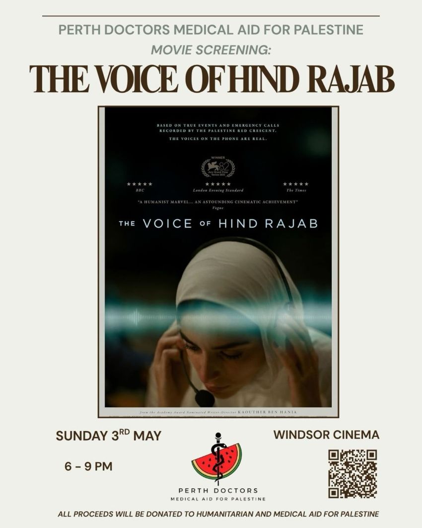 Artwork and poser for event The Voice of Hind Rajab – Fundraising film screening, 6pm-9pm 03/05/2026 Windsor Cinema, 98 Stirling Hwy, Nedlands WA 6009