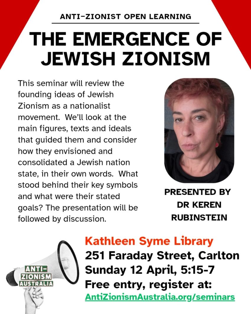 Artwork and poster for event The Emergence of Jewish Zionism, 5:15pm-7pm 12/04/2026 Kathleen Syme Library, 251 Faraday St, Carlton VIC 3053