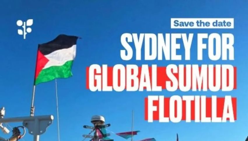 Artwork and graphic for event Sydney for Global Sumud Flotilla, 6pm-8pm 23/04/20206, NSW Teachers Federation Conference Centre, 37 Reservoir St, Surry Hills NSW 2010