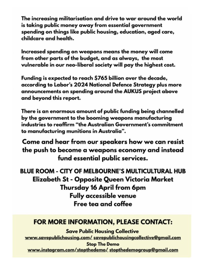 Artwork and leaflet back for event War Or Publich Housing, 6pm 16/04/2026, Blue Room - Melbourne Multicultural Hub, 506 Elizabeth St, Melbourne VIC 3000