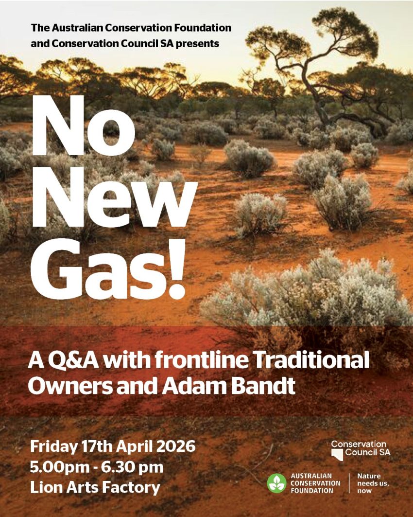 Artwork and poster for event No New Gas! Q&A with Frontline Traditional Owners and Adam Bandt, 5pm-6:30pm Lion Arts Factory, 68 North Terrace, Tarntanya SA 5000