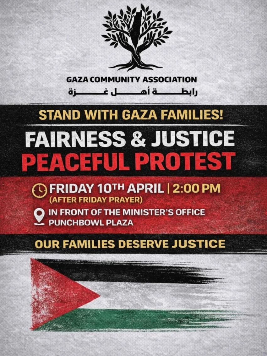Artwork and poster for event Stand with Gaza families – Fairness & Justice peacefull protest, 2pm 10/04/2026 Tony Burke's office, 29/1 Broadway, Punchbowl NSW 2196