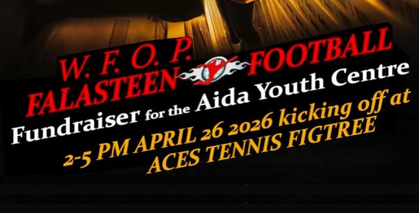 Artwork and graphic for event WFOP Falasteen Football Fundraiser, 2pm-5pm 26/04/2026 Aces Tennis Figtree,  5/7 O'Briens Rd, Figtree NSW 2525