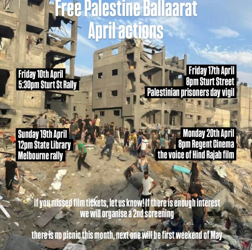 Artwork and graphic of upcoming events for Free Palestine Ballaarat in April 2026