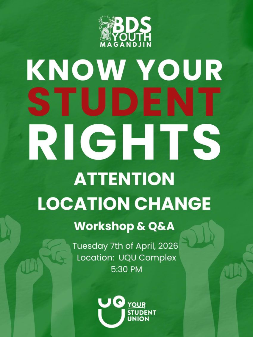 Artwork and poster for event Know Your Student Rights, 5:30pm 07/04/2026 UQ Union, Union Complex, St Lucia QLD 4067