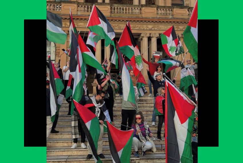 Artwork and photo of protestors holding Palestinian flags.