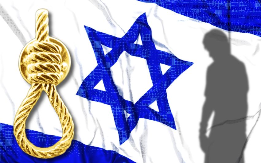 Israeli flag, hanging man, golden noose