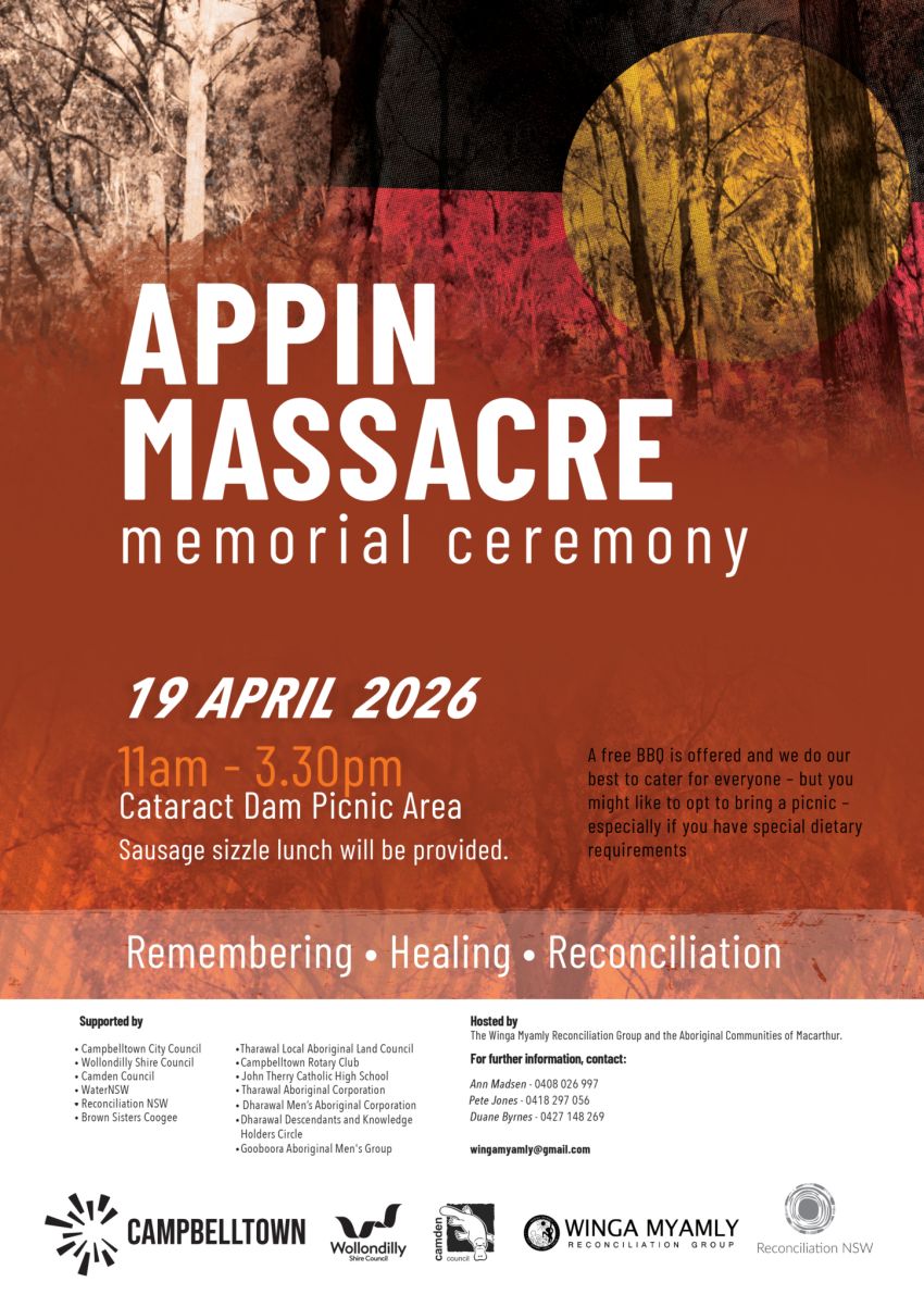 Artwork and poster for event Appin Massacre Memorial Ceremony 2026, 11am-3:30pm 19/04/2026 Cataract Dam Picnic Ground, Cataract Dam Rd, Cataract NSW 2560