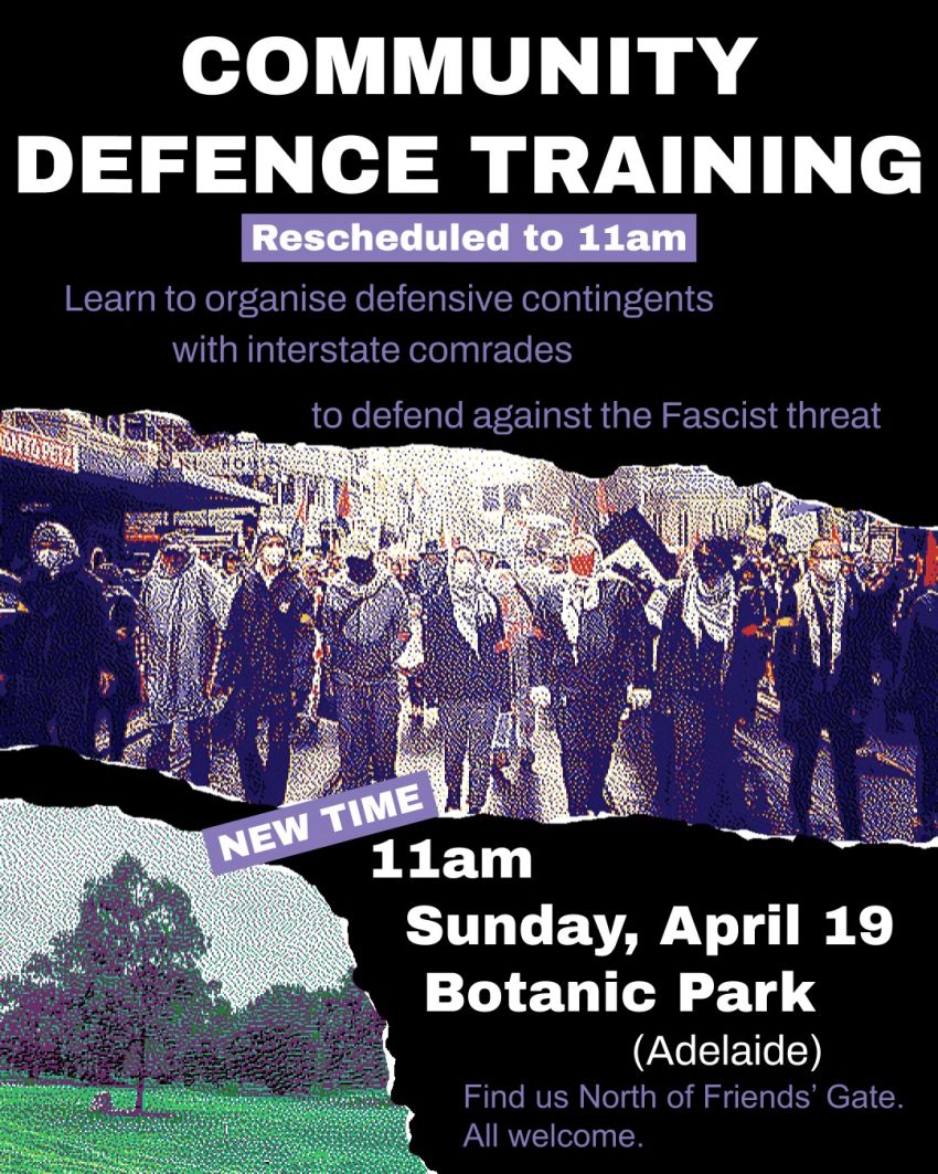 Artwork and poster for event Community Defence Training, 11am 19/04/2026 Botanic Park, Plane Tree Dr, Adelaide SA 5000