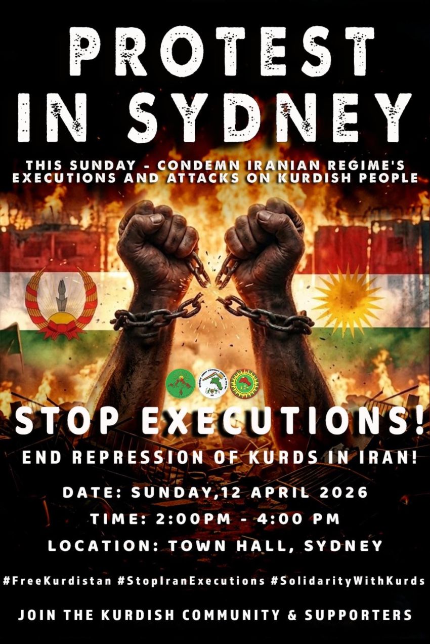 Artwork and poster for event Stop Execution: End repression of Kurds in Iran, 1pm 12/04/2026 Sydney Town Hall, 483 George St, Sydney NSW 2000