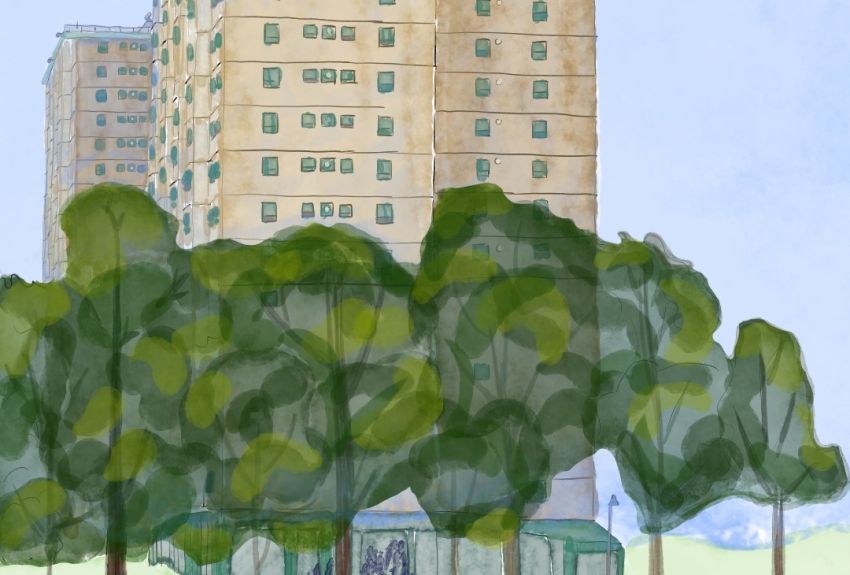 Cropped image of water colour painting of public housing