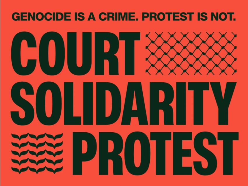 Artwork and graphic for event Court Solidarity Protest: Drop the Herzog protesters' charges now! 8:30am 22/04/2026 Downing Centre Court, 143 Liverpool St, Sydney NSW 2000