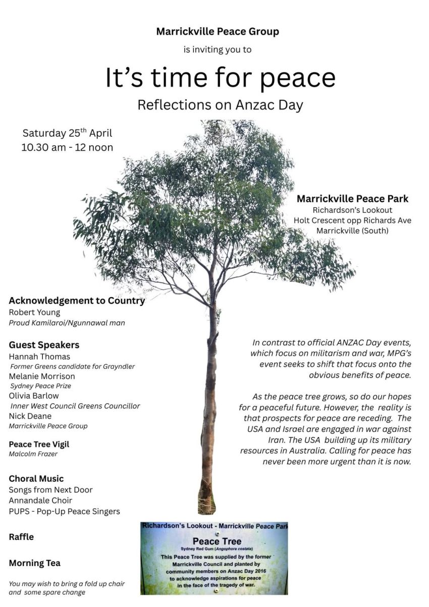 Artwork and poster for event It's time for peace: Reflections on ANZAC Day, 10:30am-12pm Marrickville Peace Par, Richardson's Lookout, Hold Crescent opposte Richards Ave, Marrickville NSW 2204