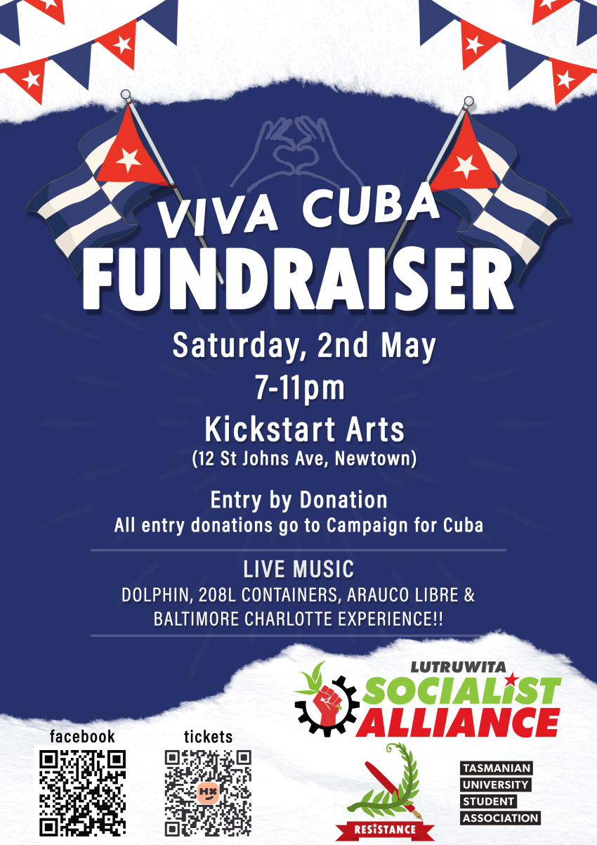 Poster for Viva Cuba Fundraiser, Saturday 2nd May, 7-11pm, Kickstart Arts, Entry by donation and all door donations go to campagin for Cuba