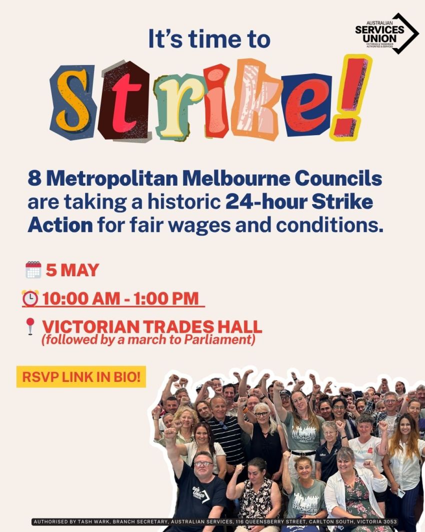 Artwork and poster for event Council Workers Strike! ASU Mass Rally, 10am-12:30pm, Victorian Trades Hall, 54 Victoria St, Carlton VIC 3053