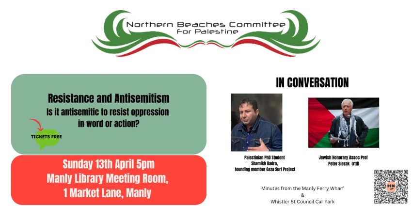 Artowrk and graphic for event Resistance and Antisemitism: Is it antisemitic to resist oppression in word or action? 7pm 13/05/2025 Manly Library, 1 Market Ln, Manly NSW 2095