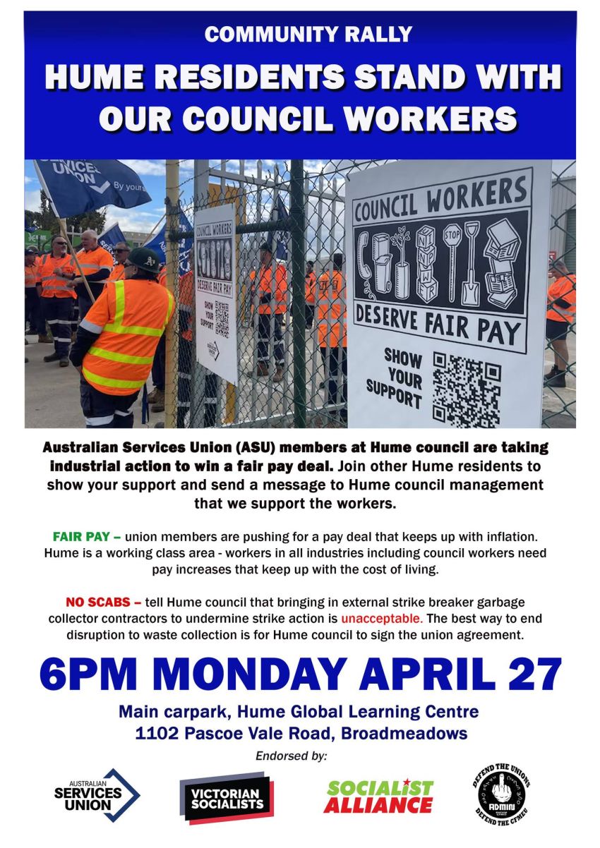 Artwork and poster for event Hume Residents Stand With Our Council Workers, 6pm 27/04/2026, Main carpark, Hume Global Learning Centre, 1102 Pascoe Vale Rd, Broadmeadows VIC 3047