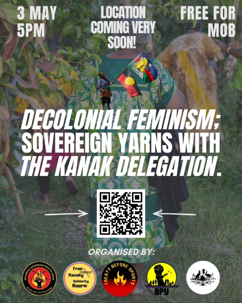 Artwork and poster for event Decolonial Feminism; Sovereign Yarns with the Kanak Delegation, 5pm-9pm 03/05/2026 echo & bounce, 596 Stanley St, Woolloongabba QLD 4101
