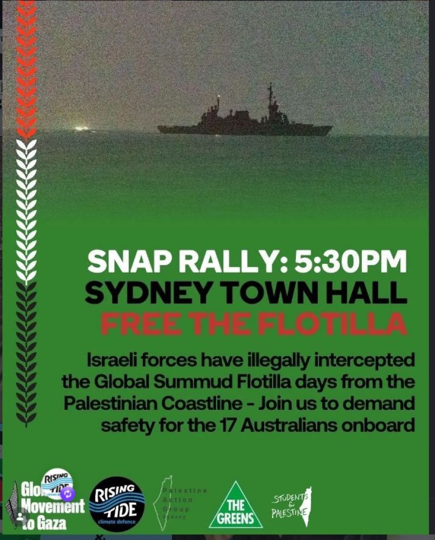 Snap Rally for Sumud Flotilla 5:30pm Sydney Town Hall