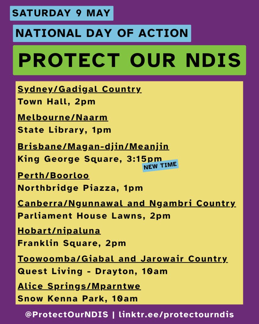 Information leaflet for National Day of Action: Protect Our NDIS with a listing of protest actions across Australia on Saturday 9th Mayacross Australia on Saturday