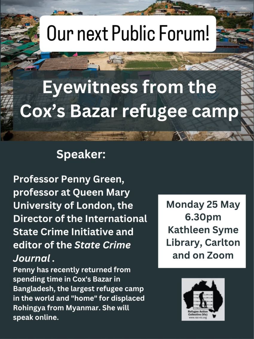 Artwork and poster for event Eye-witness from the Cox's Bazar refugee camp, 6:30pm 25/05/2026 Kathleen Syme Library and Community Centre 249-263 Faraday St, Carlton VIC 3053