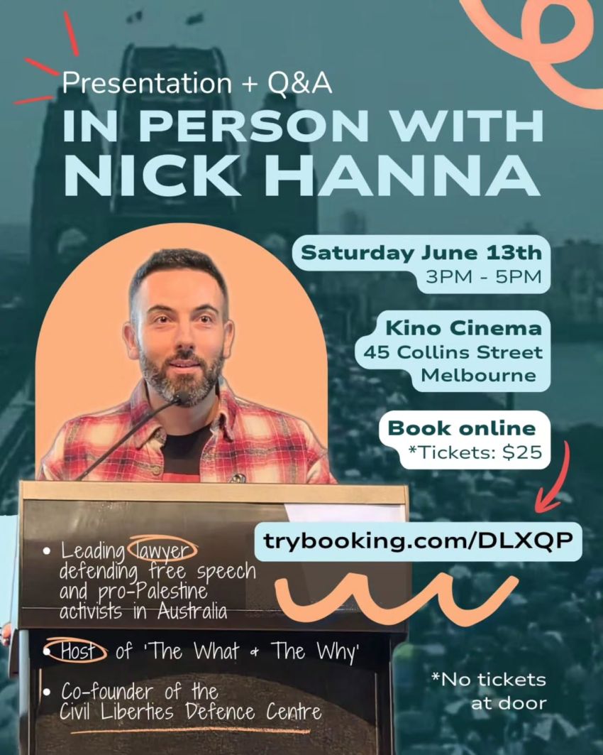 Artwork and poster for event Presentation + Q&A: In person with Nick Hanna, 3pm-5pm 13/06/2026 Kino Cinema, 45 Collins St, Melbourne VIC 3000