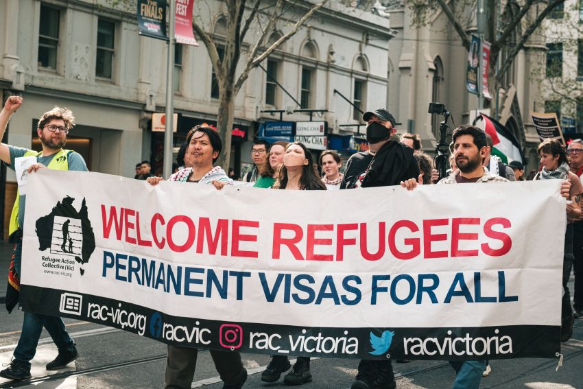 Refugee Action Collective Victoria banner at refugee rights rally in Naarm (Melbourne)