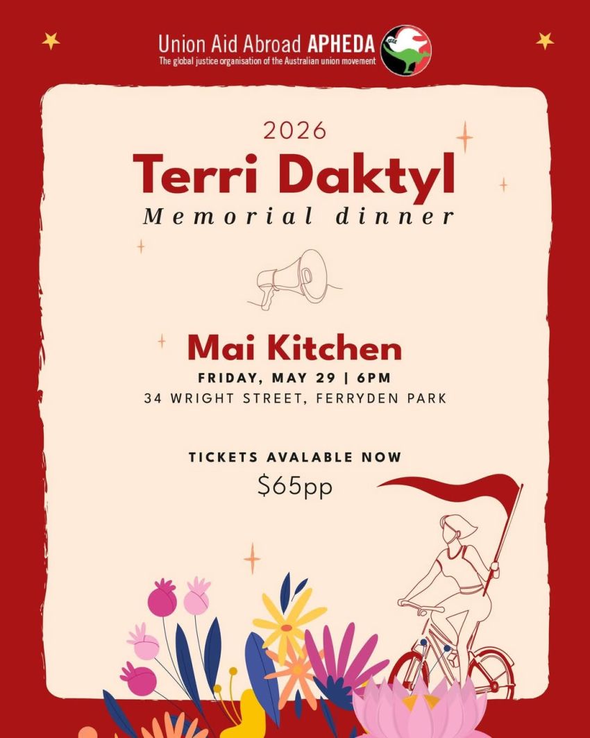 Artwork and poster for event 2026 Terri Daktyl Memorial Dinner, 6pm-11pm 29/05/2026 Mai Kitchen Restaurant, 1-5/34 Wright St, Ferryden Park SA 5010