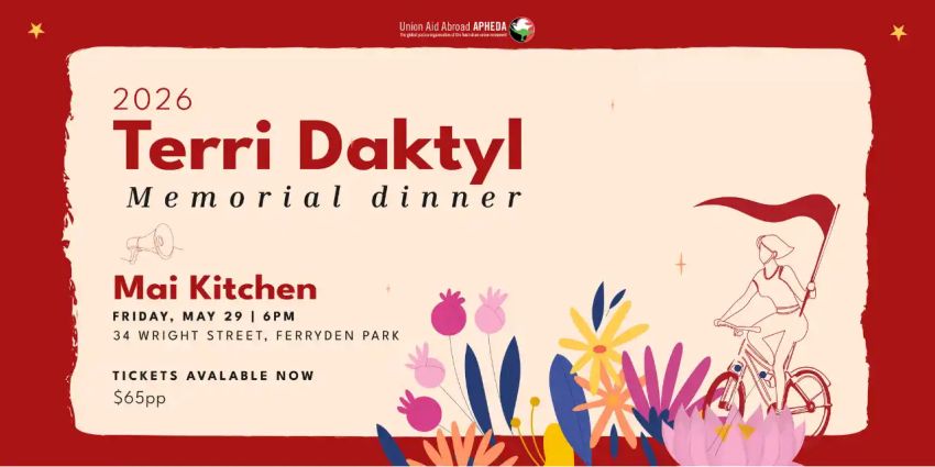 Artwork and graphic for event 2026 Terri Daktyl Memorial Dinner, 6pm-11pm 29/05/2026 Mai Kitchen Restaurant, 1-5/34 Wright St, Ferryden Park SA 5010