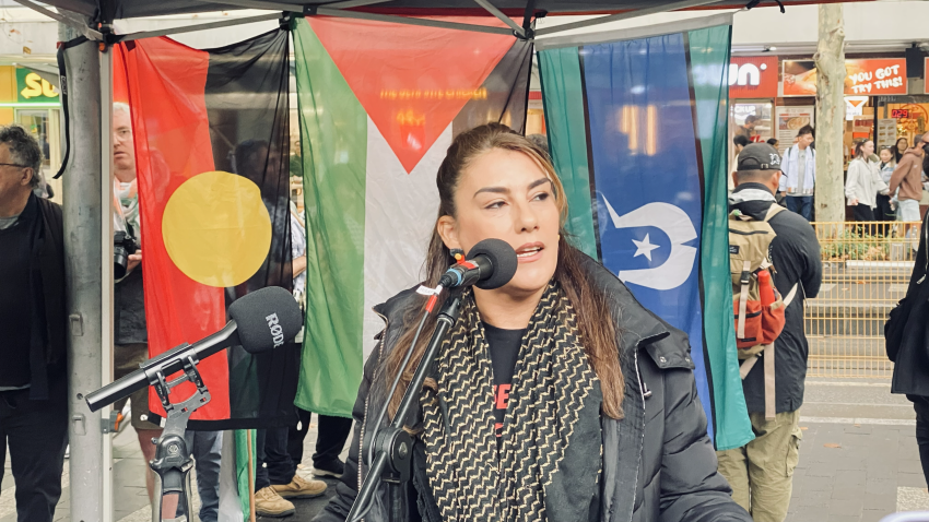 Victorian Senator Lidia Thorpe speaking at the melbourne Nakba rally