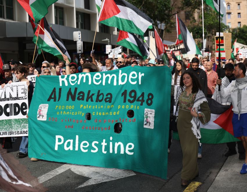 remember al nakba 1948 lead banner at brisbane nakba day rally 