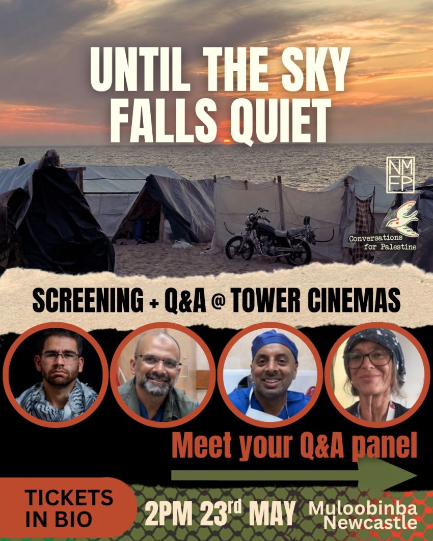 Artwork and poster for event Film screening + Q&A: Until the Sky Falls Quiet, wpm 23/05/2026 Tower Cinemas Newcastle, 183-185 King St, Newcastle NSW 2300
