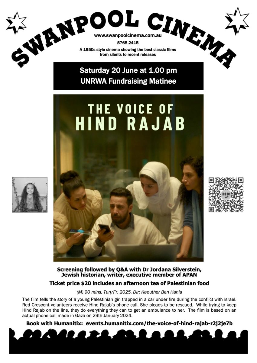 Artwork and poster for event UNRWA Fundraising Matinee: The Voice of Hind Rajab, 1pm-4pm 20/06/2026 Swanpool Cinema, 2386 Midland Hwy, Swanpool VIC 3672