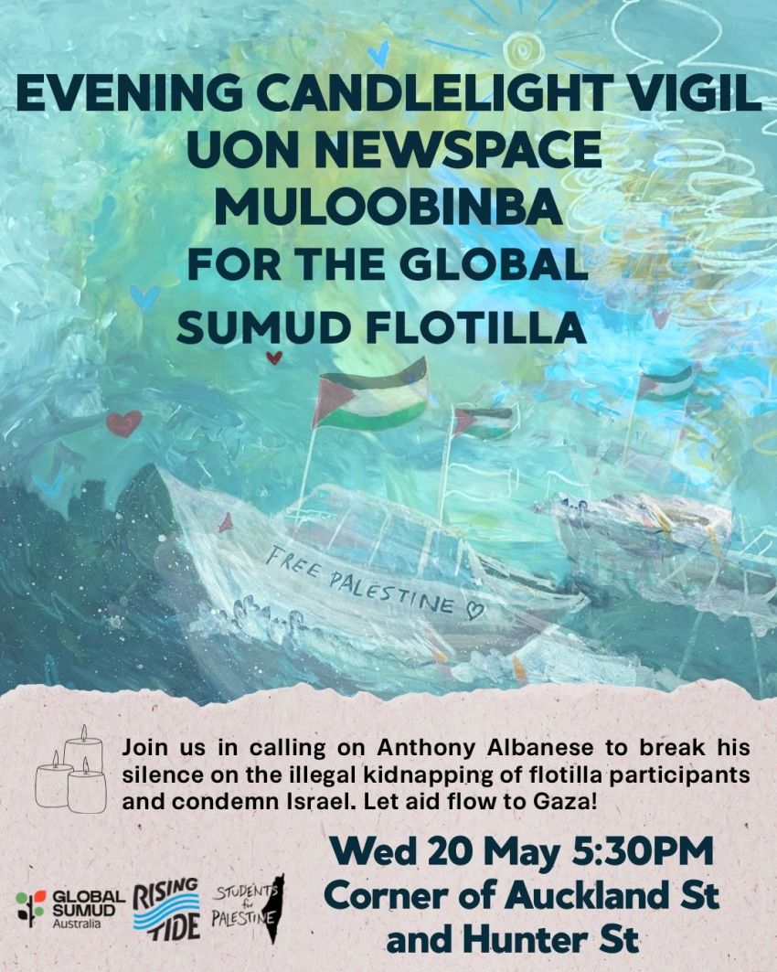 Artwork and poster for event Evening Candlelight Vigil for the Global Sumud Flotilla, 5:30pm, Hunter St & Auckland St Newcastle NSW 2300