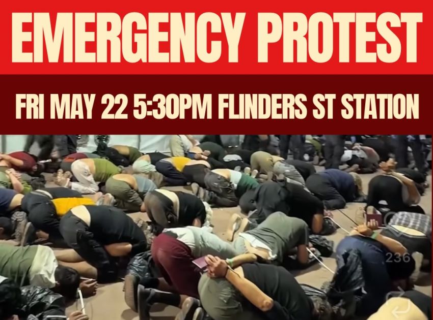 Artwork and graphic for event Emergency protest: Free the Flotilla! Free the Activists! Sanction Israel Now! 5:30pm 22/05/2026 Flinders St Station, Flinders St, Melbourne VIC 3000