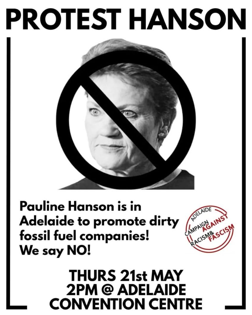 Artwork and poster for event Protest Hanson, 2pm 21/05/2026 Adelaide Convention Centre, North Terrace, Adelaide SA 5000