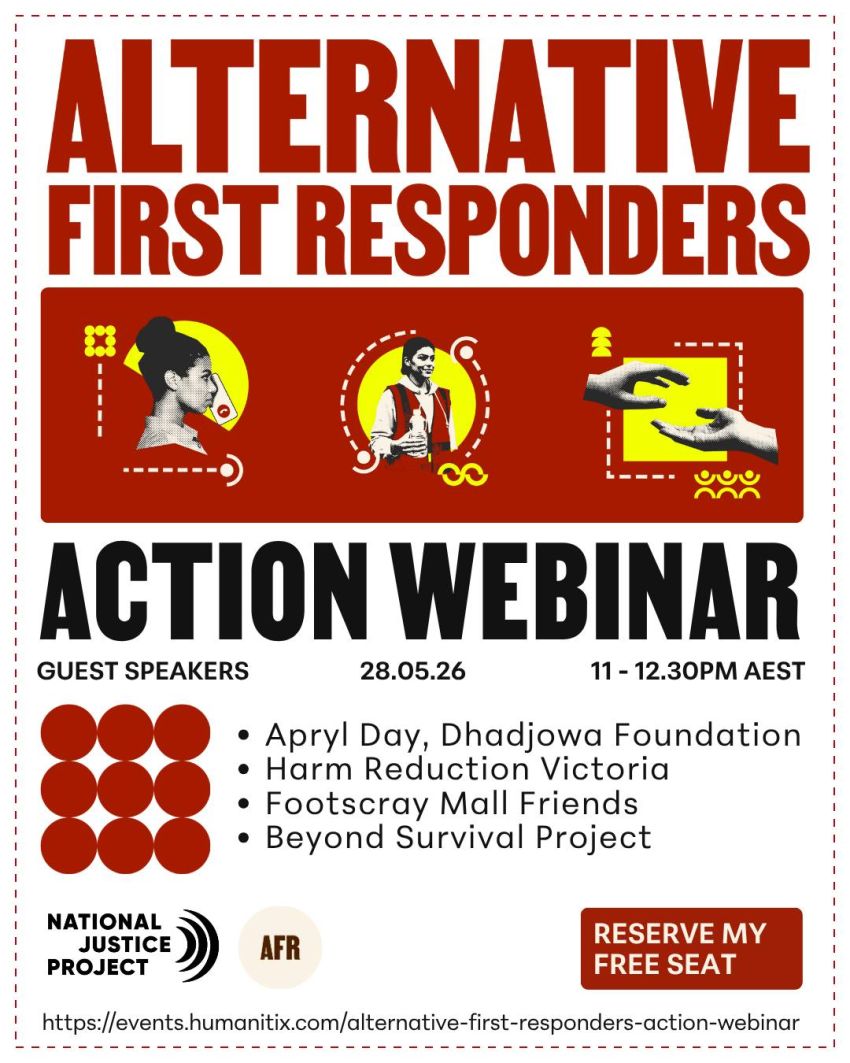 Artwork and poster for event Action Webinar: Alternative First Responders, 11am-12:30pm 28/05/2026 Online with Zoom