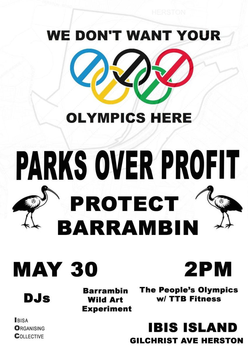 Artwork and poster for event Parks Over Profit Protect Barrambin, 2pm 30/05/2026 Ibis Island, Barrambin, 36 Gilchrist Ave, Herston QLD 4006