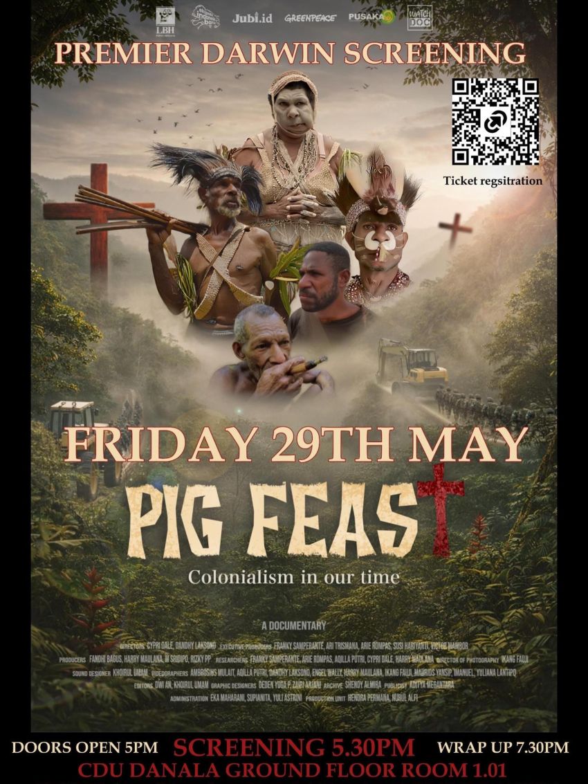 Artwork and poster for premier Garramilla screening of Pig Feast - Colonialism In Our Time, 5:30pm 27/05/2026 CDU Danala Ground Floot Room 1.01, 54 Cavenagh Street Darwin City, NT 0800
