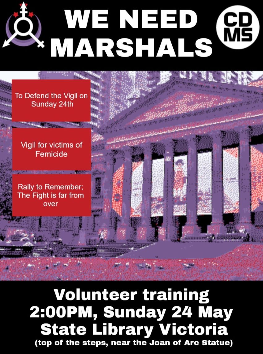 Artwork and poster for event Marshal training for Rally to Remember, 2pm 24/05/2026 State Library Victoria, 328 Swanston St Naarm VIC 3000