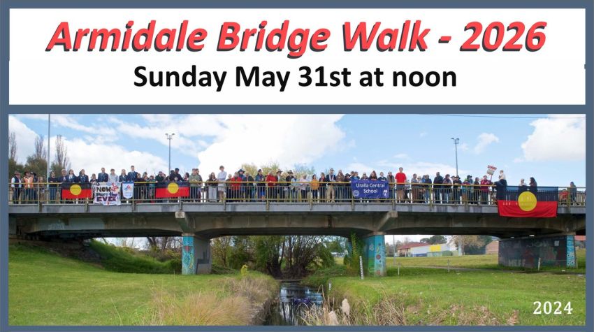 Artwork and graphic for event Armidale Reconciliation Bridge Walk 2026, 12pm 31/05/2026 Picnic area near the Armidale Visitor Information Centre, 82 Marsh St, Armidale NSW 2350