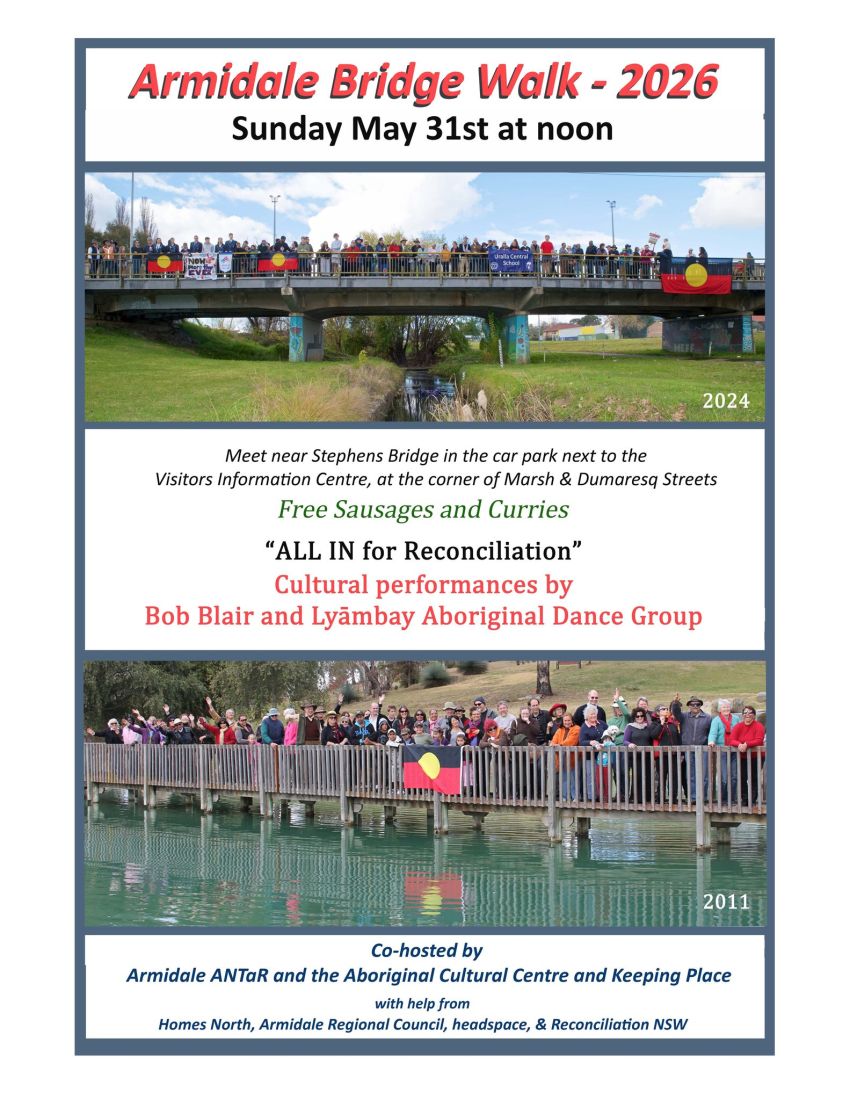 Artwork and poster for event Armidale Reconciliation Bridge Walk 2026, 12pm 31/05/2026 Picnic area near the Armidale Visitor Information Centre, 82 Marsh St, Armidale NSW 2350