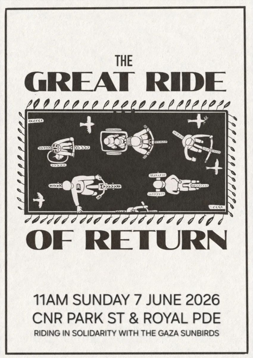 Artwork and poster for event The Great Ride of Return, 11am 07/06/2026 Royal Parade & Park St, Brunswick VIC 3056