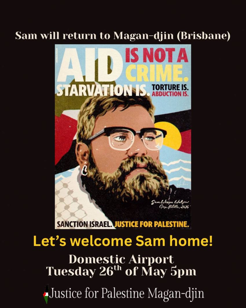 Artwork and graphic for event Aid is not a crime: Let's welcome home Sam, 5pm 26/05/2026 Brisbane Domestic Airport