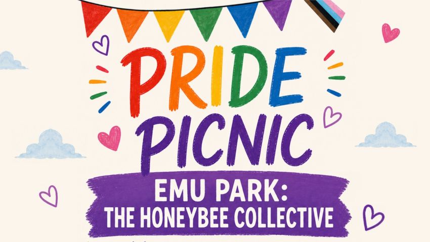 Artwork and graphic for event Pride Picnic, 10am-12pm 07/06/2026 The Honeybee Collective, 3 Keppel St, Emu Park QLD 4710